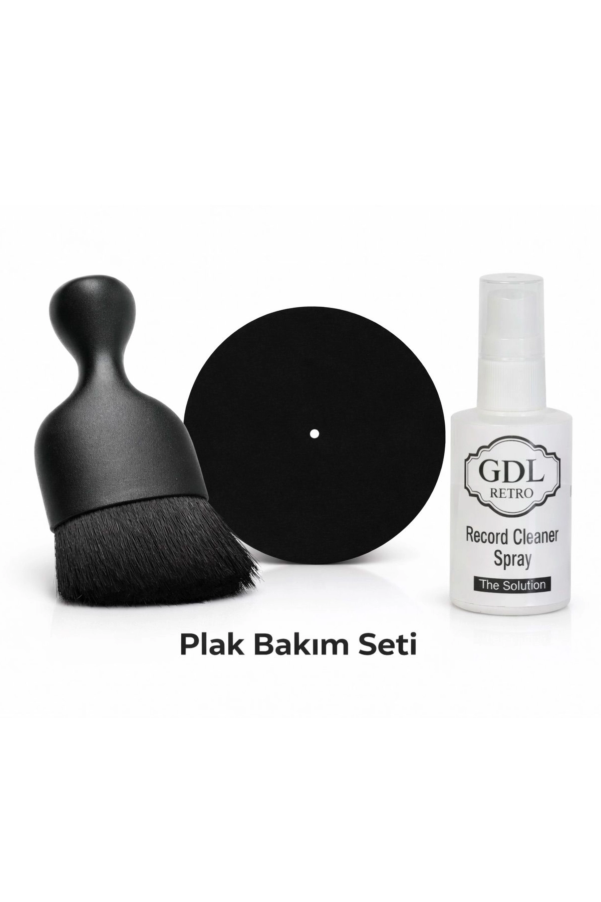 GDL Retro Plak Bakım Seti - Plak Temizleme Fırçası + Antistatik Ped + Plak Temizleme Spreyi