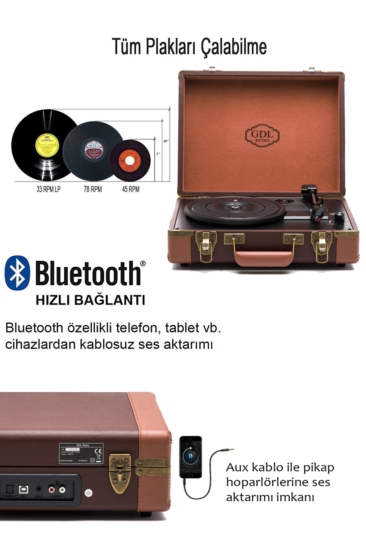 GDL Retro Çanta Pikap T317B (BLUETOOTH ŞARJLI) - Chocolate